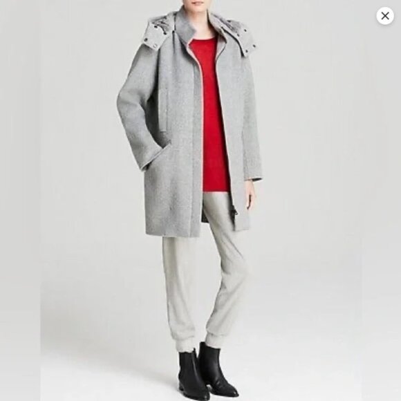 Vince light grey wool coat with rabbit fur trim hood - Picture 2 of 9